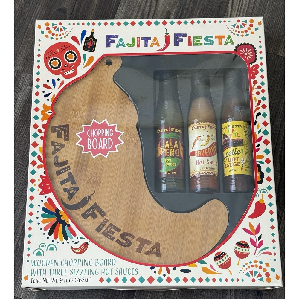 Fajita Fiesta Wooden Chopping Board with Three Sizzling‎ Hot Sauce Gift Set